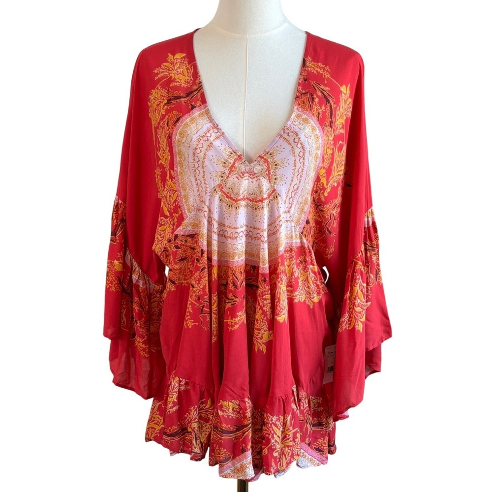 NEW Free People Red Paisley Tunic Top Women's S Boho Festival Hippie Relaxed